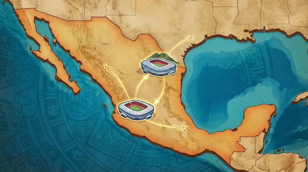 Mapa ilustrado de México con dos estadios marcados y trayectorias de balones entre las sedes.