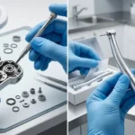 Split image of dental handpiece repair, with exposed gears on the left and a handpiece beside dental tools on the right