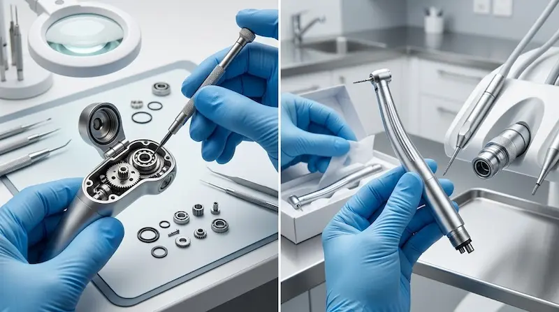 Split image of dental handpiece repair, with exposed gears on the left and a handpiece beside dental tools on the right