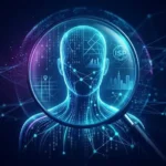 Ilustración digital de una figura humana bajo una lupa con códigos y nodos de red sobre fondo azul