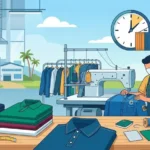 Ilustración de una fábrica textil con un operario cosiendo polos, pilas de prendas y muestras de tela.