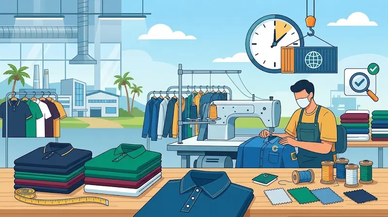 Ilustración de una fábrica textil con un operario cosiendo polos, pilas de prendas y muestras de tela.