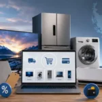 Laptop con íconos de compra online rodeada de electrodomésticos, tecnología y cajas de envío
