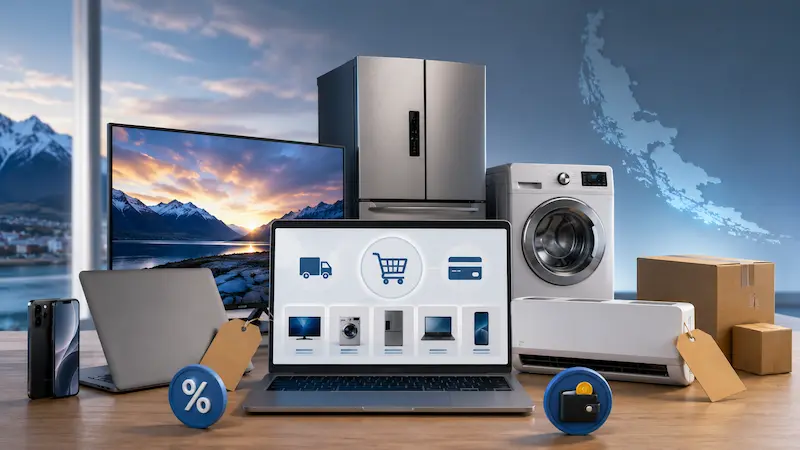 Laptop con íconos de compra online rodeada de electrodomésticos, tecnología y cajas de envío