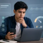 Joven revisa un celular frente a una laptop con paneles digitales de evaluación crediticia y monedas sobre la mesa
