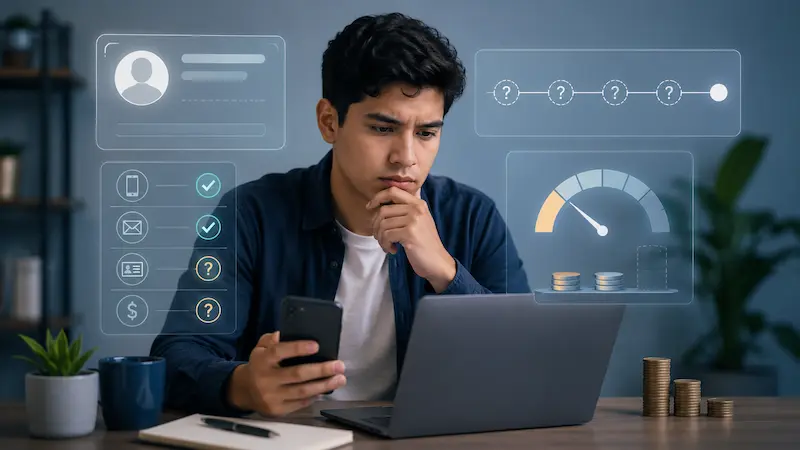 Joven revisa un celular frente a una laptop con paneles digitales de evaluación crediticia y monedas sobre la mesa