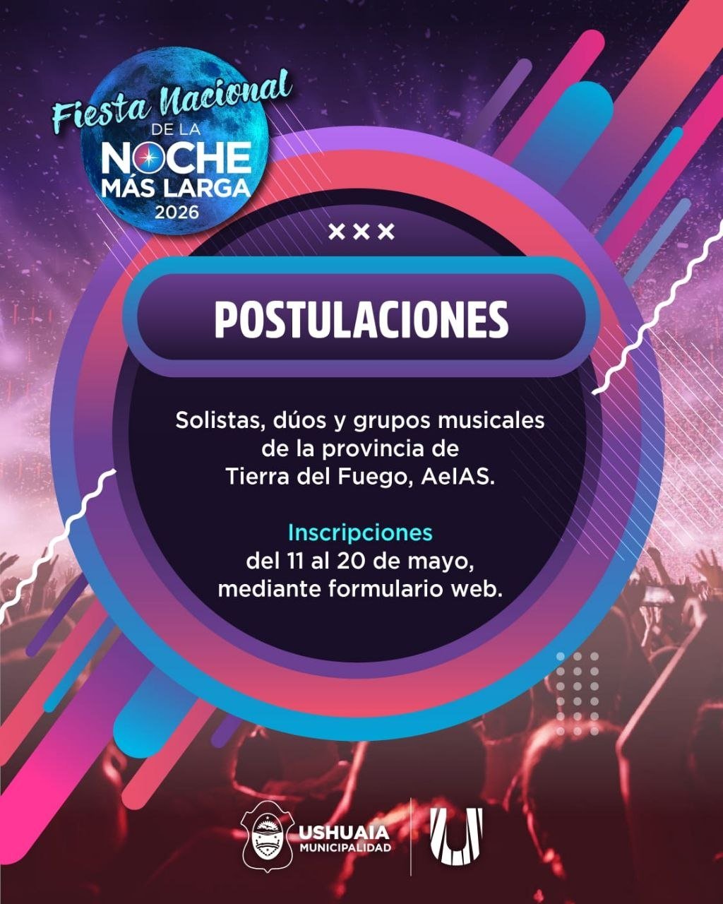 La municipalidad de Ushuaia abre las postulaciones de artistas musicales para la «Fiesta Nacional de la Noche Más Larga 2026»