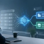 Business professional viewing AI-powered search and recommendation cards in a modern office