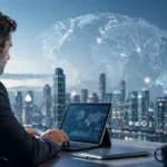 Analista frente a una laptop con ciudad, mapa global digital y gráficos financieros de fondo