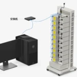 Computer and network switch connected to a stacked battery testing system