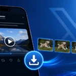 Celular con una publicación de video, un ícono de descarga y una secuencia de GIF sobre fondo azul
