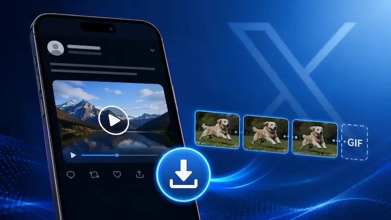 Celular con una publicación de video, un ícono de descarga y una secuencia de GIF sobre fondo azul