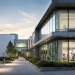 Edificio científico moderno con laboratorios iluminados y personal trabajando en su interior