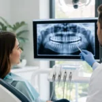 Dentista muestra una radiografía dental a una paciente en una clínica moderna