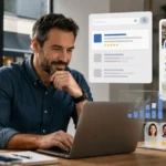 Empresario frente a una laptop con paneles digitales de búsqueda, mapa, reseñas y estadísticas