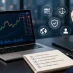 Laptop with a trading chart, a checklist, and broker evaluation icons on a desk