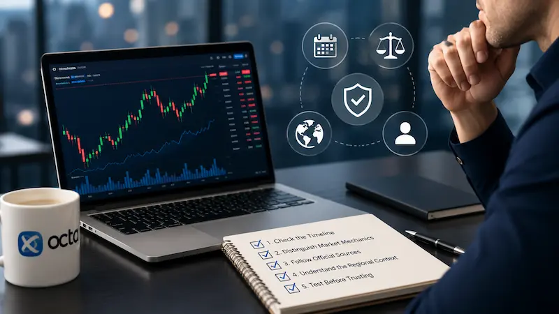 Laptop with a trading chart, a checklist, and broker evaluation icons on a desk