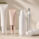 Airless pump tubes and skincare dispensers arranged on a neutral surface