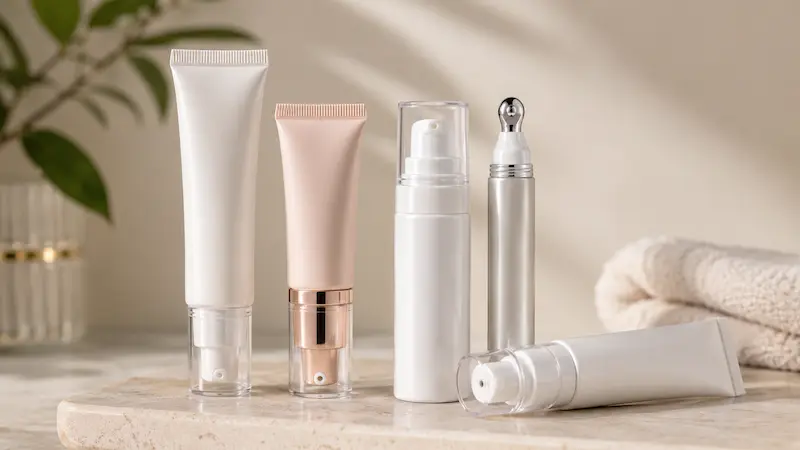 Airless pump tubes and skincare dispensers arranged on a neutral surface