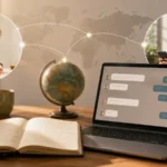 Mujer escribiendo, hombre con celular y una notebook conectados sobre un mapa mundial