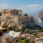 Viajeros observan un mapa frente a la Acrópolis de Atenas y un paisaje inspirado en Meteora