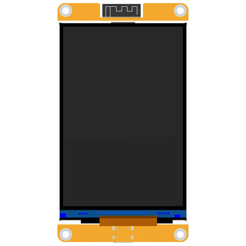 Rectangular LCD display module with black screen, orange circuit board and four mounting holes