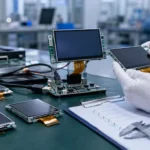 Technician inspecting LCD modules on a lab bench with test boards, checklist and caliper