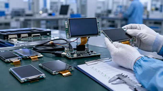 Technician inspecting LCD modules on a lab bench with test boards, checklist and caliper
