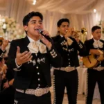 Grupo de mariachi juvenil con cantante, violín, trompeta, guitarra y guitarrón durante una celebración
