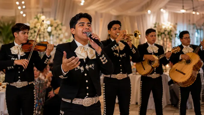 Grupo de mariachi juvenil con cantante, violín, trompeta, guitarra y guitarrón durante una celebración