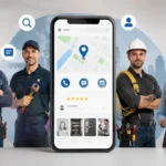 Trabajadores de oficios junto a un celular con mapa, reseñas y opciones de contacto