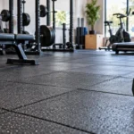 Baldosas de caucho en un gimnasio con mancuernas, una barra con discos y máquinas de cardio al fondo